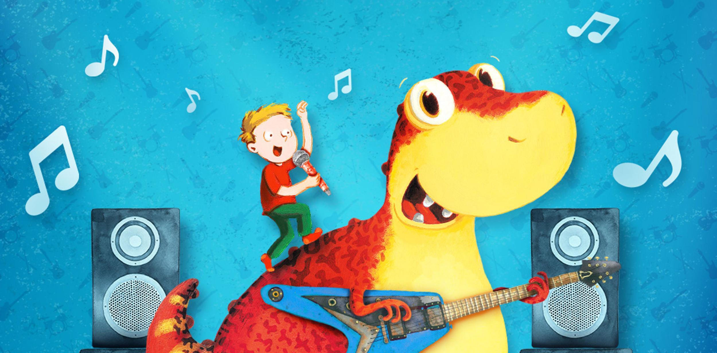 An illustration of a dinosaur and child playing a rock concert