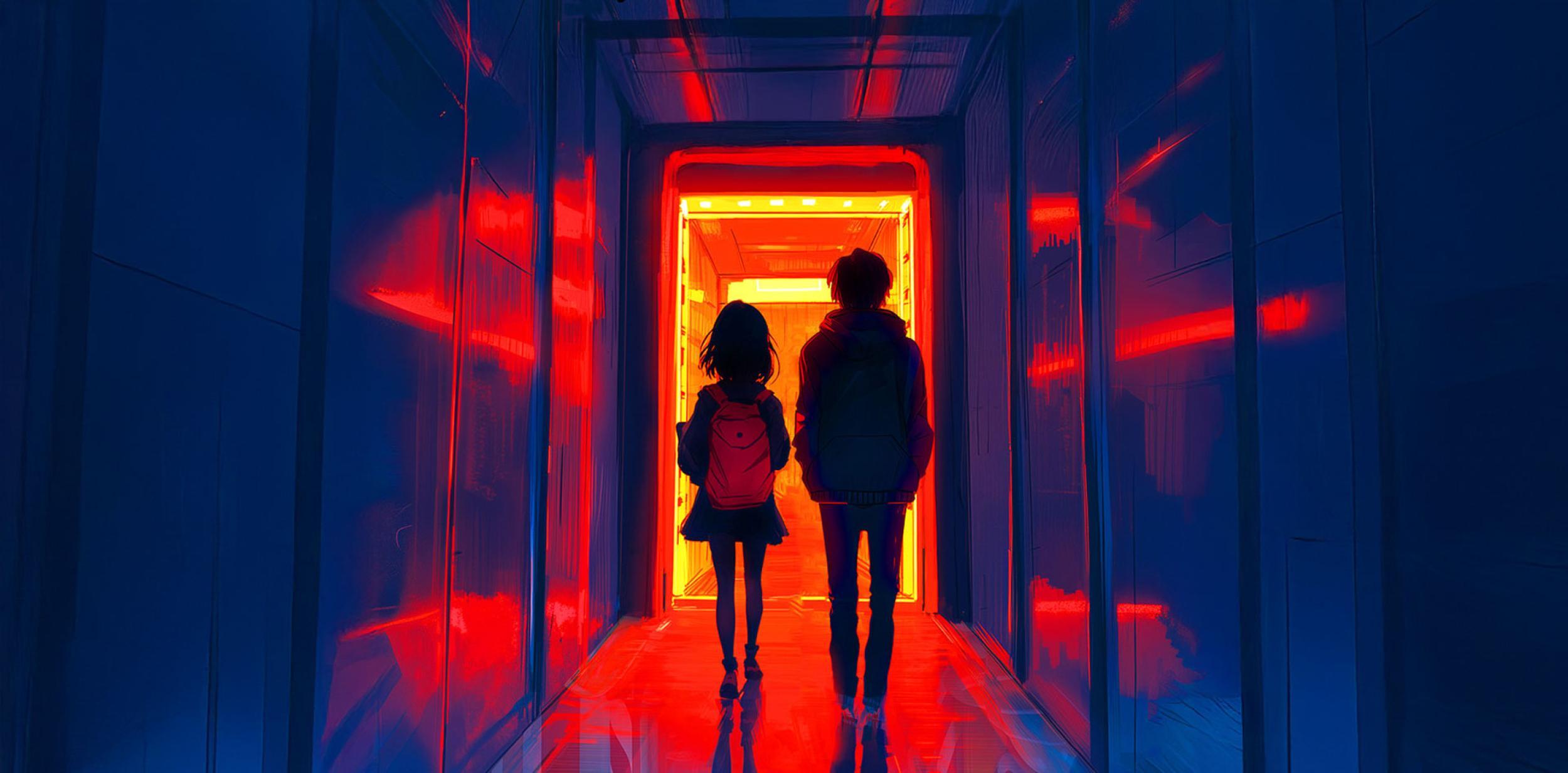 An illustration of two people walking down a corridor