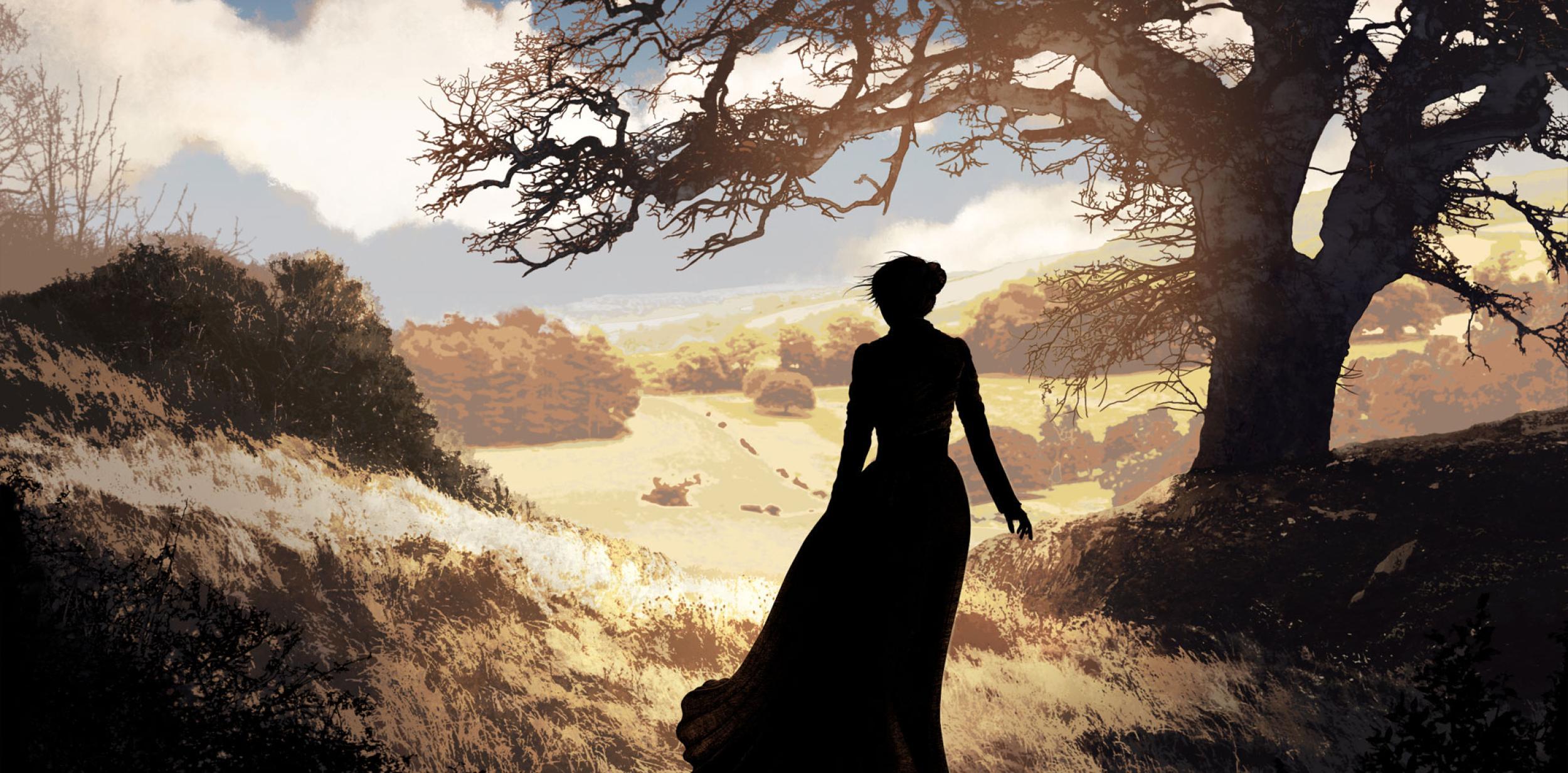 A silhouette of a person in period costume walking in a field