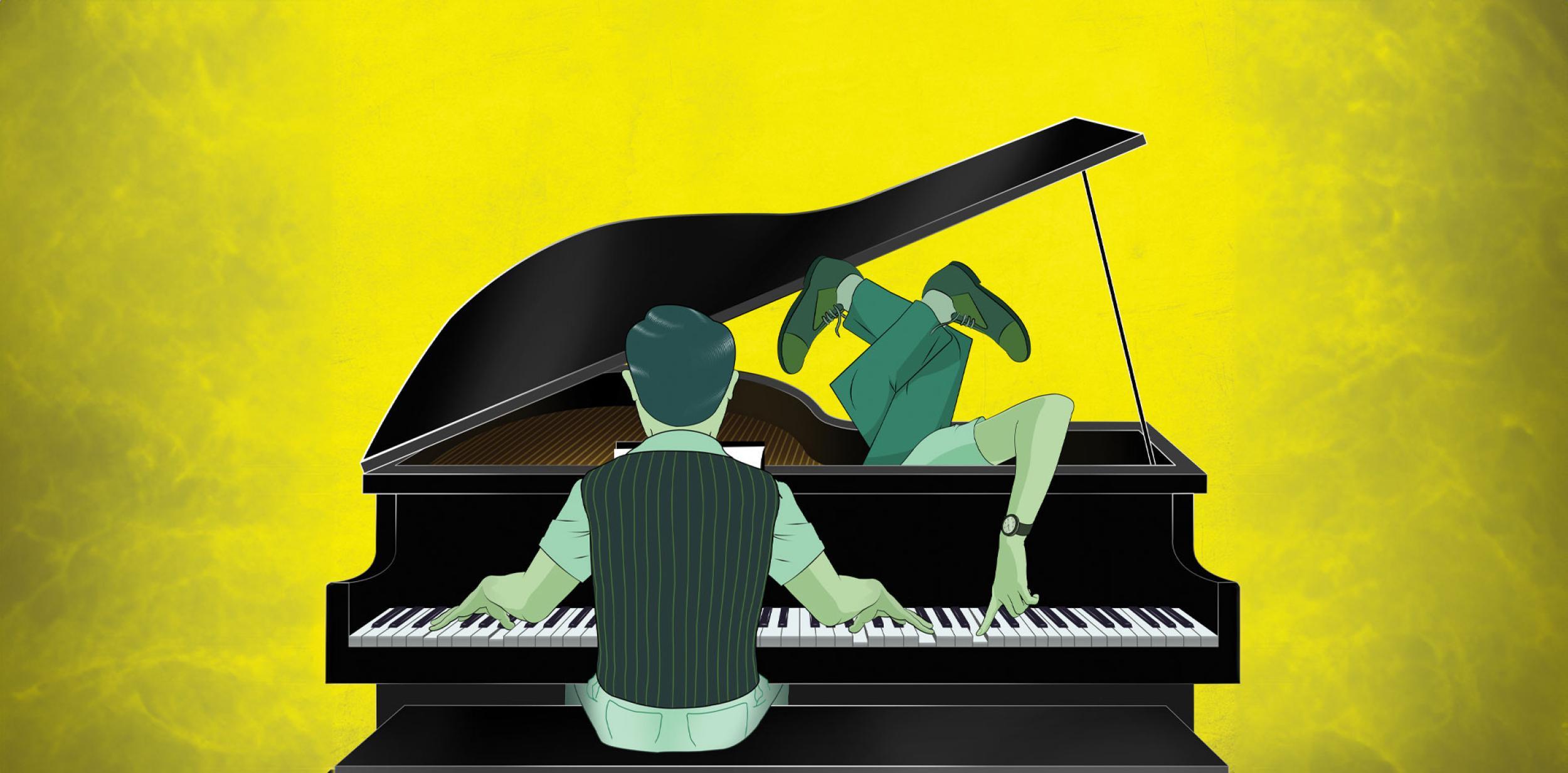 An illustration of a person playing a piano whilst another person is trapped inside the piano