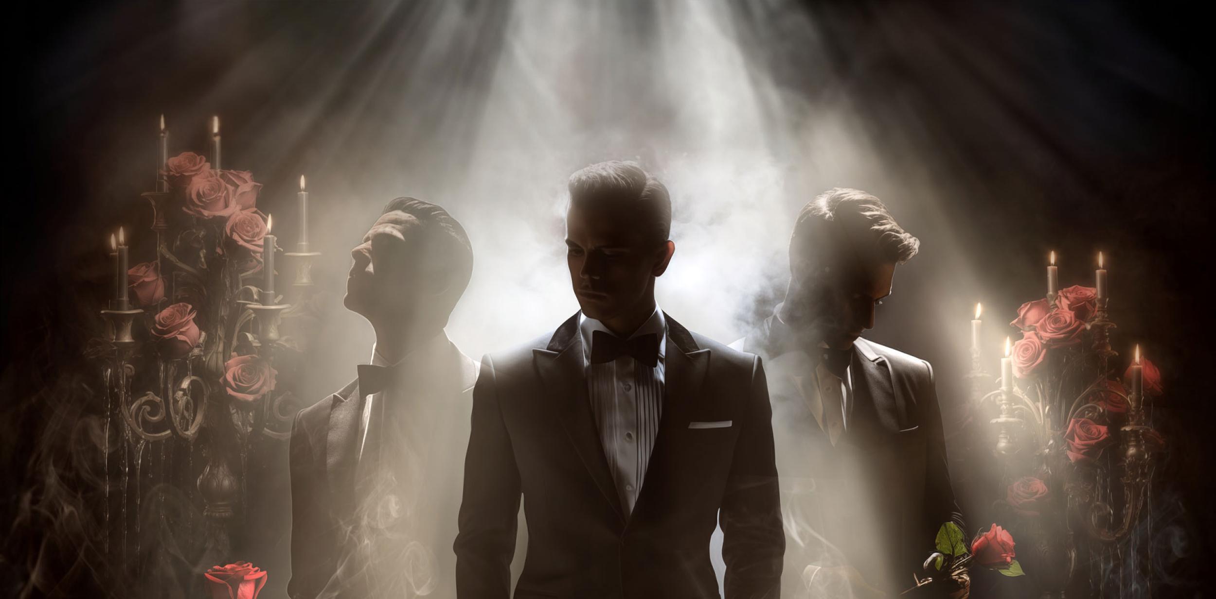 Three men wearing tuxedos, standing under a misty spotlight