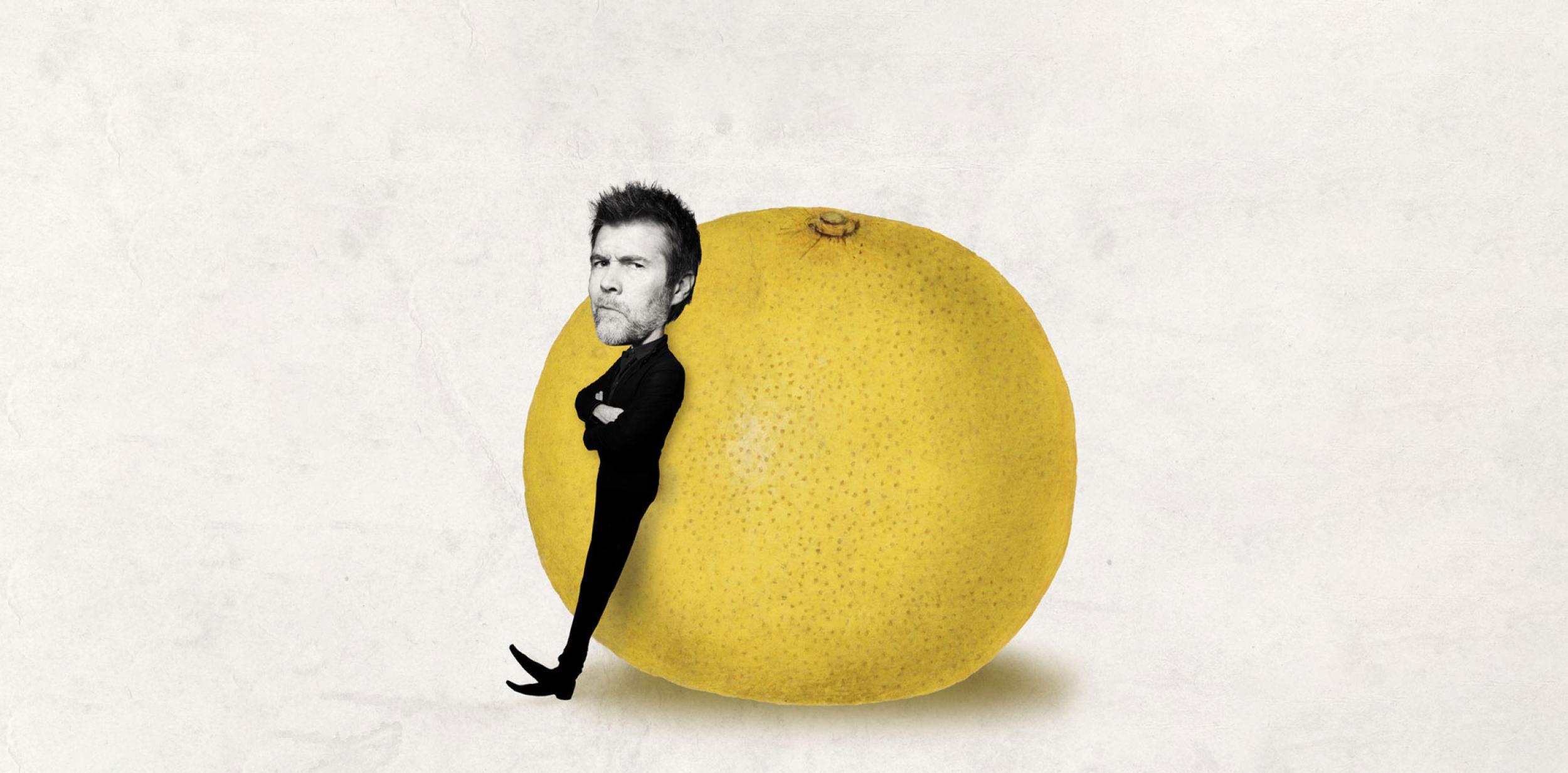 An illustration of Rhod Gilbert and a giant grapefruit