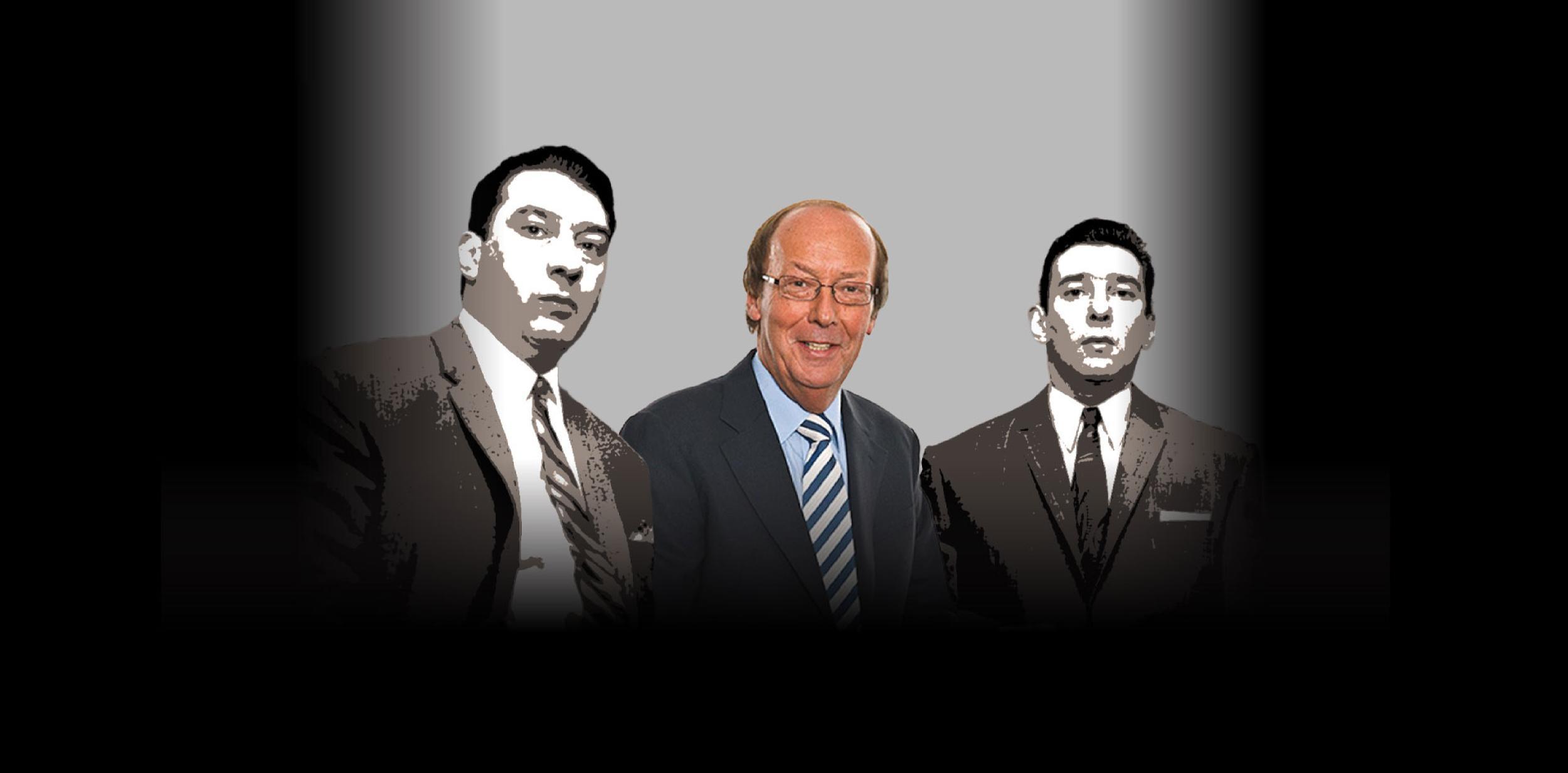 Fred Dinenage in between pictures of Ronnie and Reggie Kray