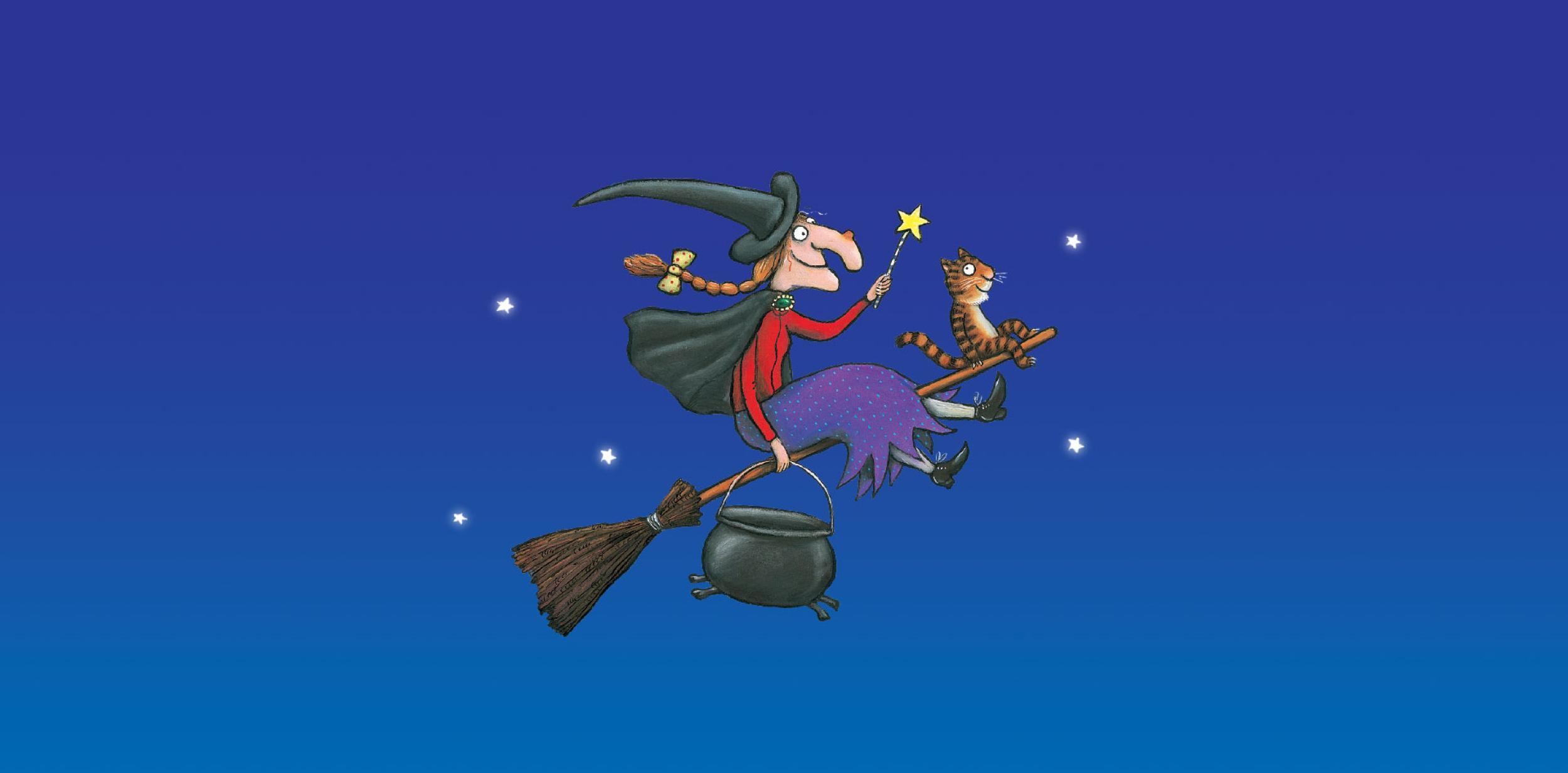 An illustration of a witch on a broom stick