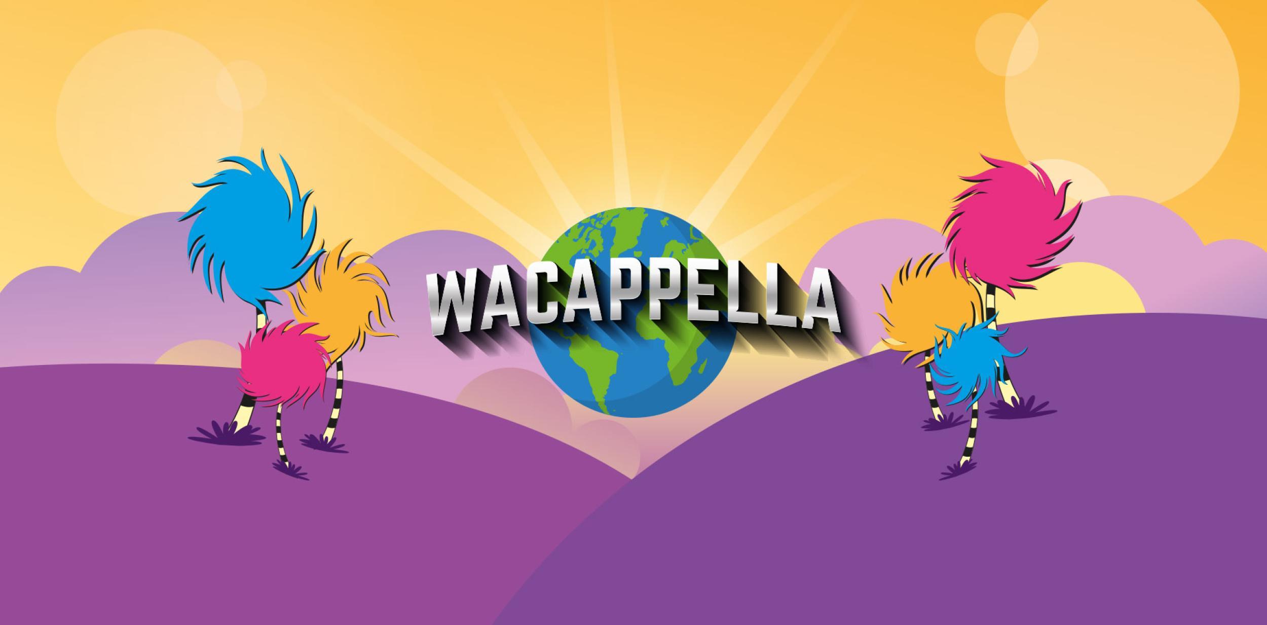 Illustration of purple hills, yellow sky, the world and colourful trees with the Wacapella  title