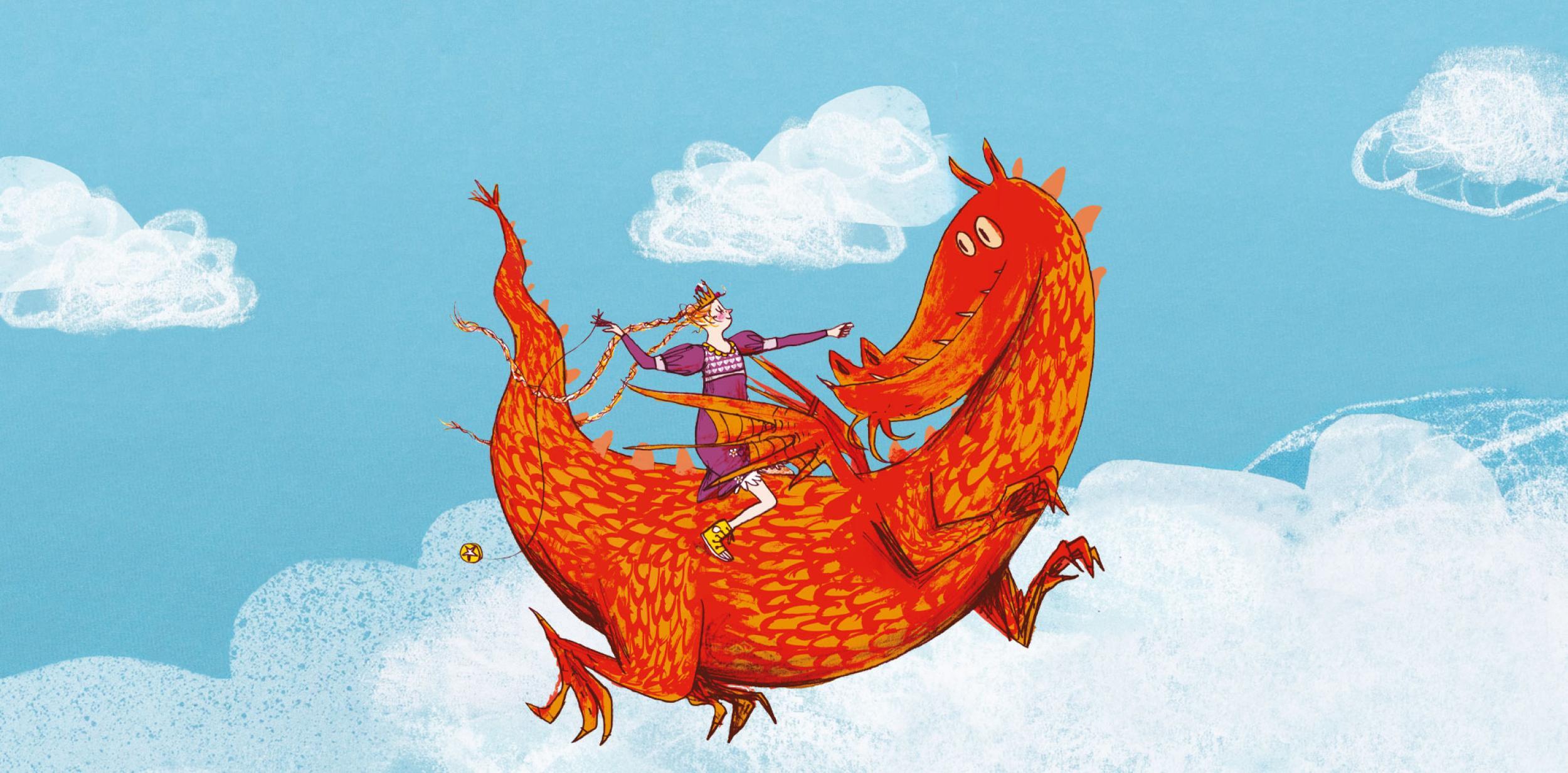 An illustration of a princess riding a dragon