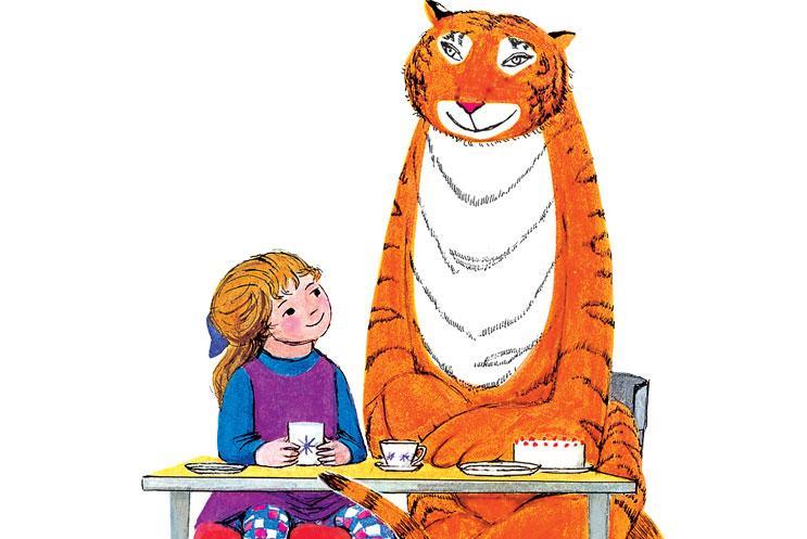 Illustration of a little girl and a tiger sitting at a table having tea.