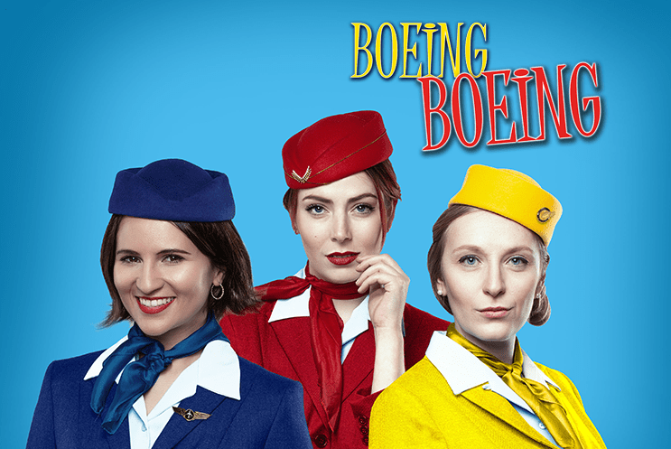 Boeing Boeing title treatment with 3 flight attendants