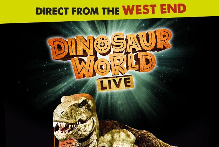 Tyrannosaurus Rex puppet and Dinosaur World Live logo