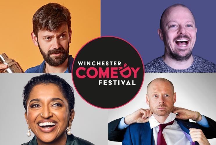 Sindhu Vee, Fin Taylor, Alistair Barrie, James Gill and Winchester Comedy Festival logo