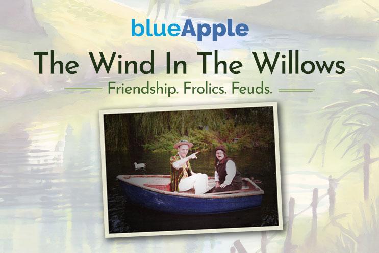 People in a river boat and text reading "The Wind in the Willows"