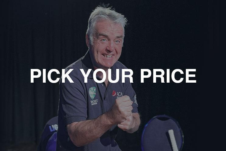 A person celebrating and wearing a cricket t-shirt. Text: "Pick Your Price"