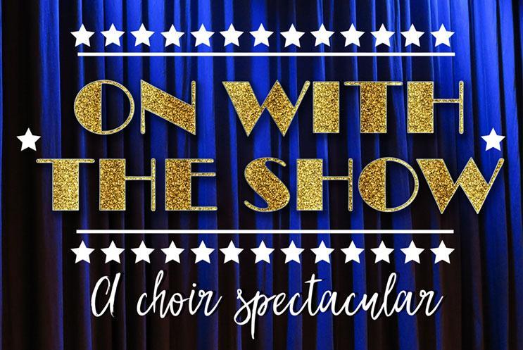 On with the Show logo against a blue theatre curtain background