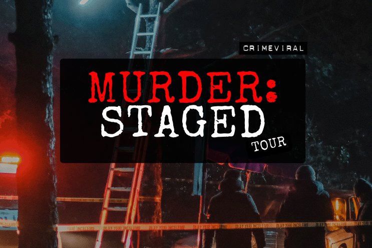 Murder Staged logo with a forensic crime scene background
