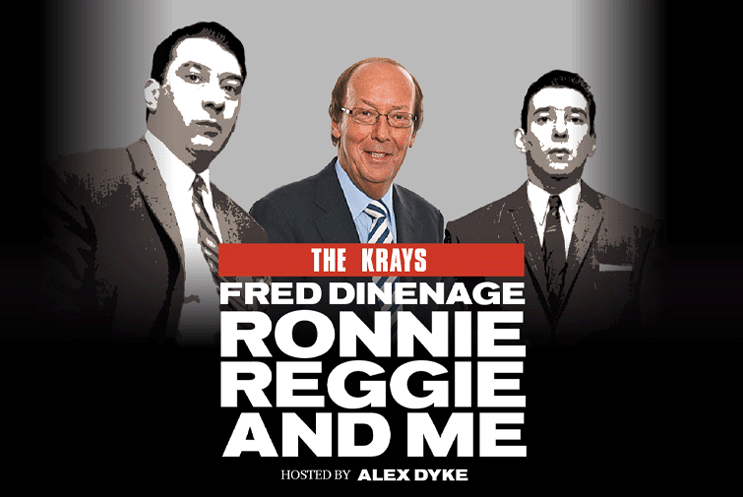 Fred Dinenage in between pictures of Ronnie and Reggie Kray