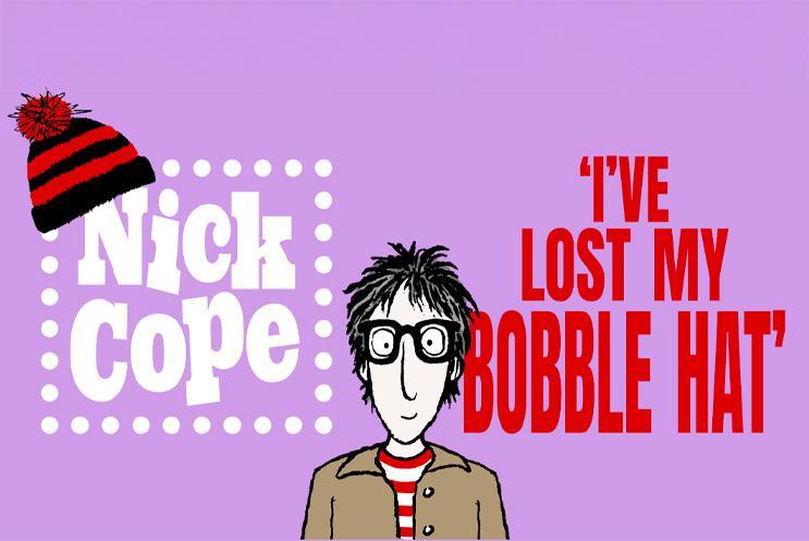 Illustration of man with glasses and dark hair, with the title Nick Cope I've Lost My Bobble Hat, against a bright purple background