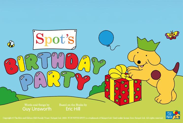 Illustration in bright colours, with Spot's Birthday party in letters and spot the dog holding a present