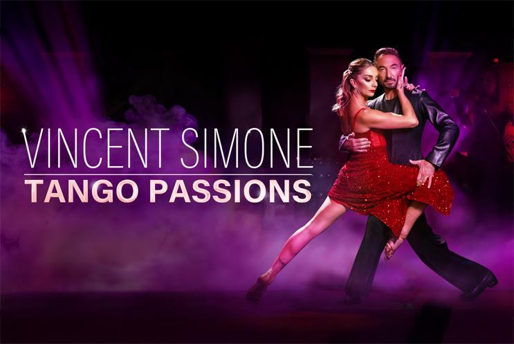 Vincent Simone in tango pose with a female dancer wearing a red sparkly dress